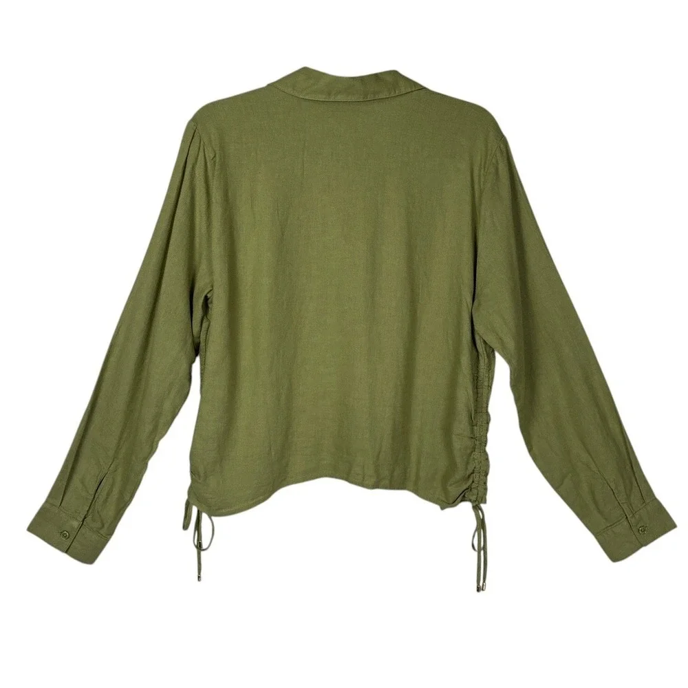 2025 Michael Michael Kors Womens Boxy Linen Blend Button Down Shirt Size L Green